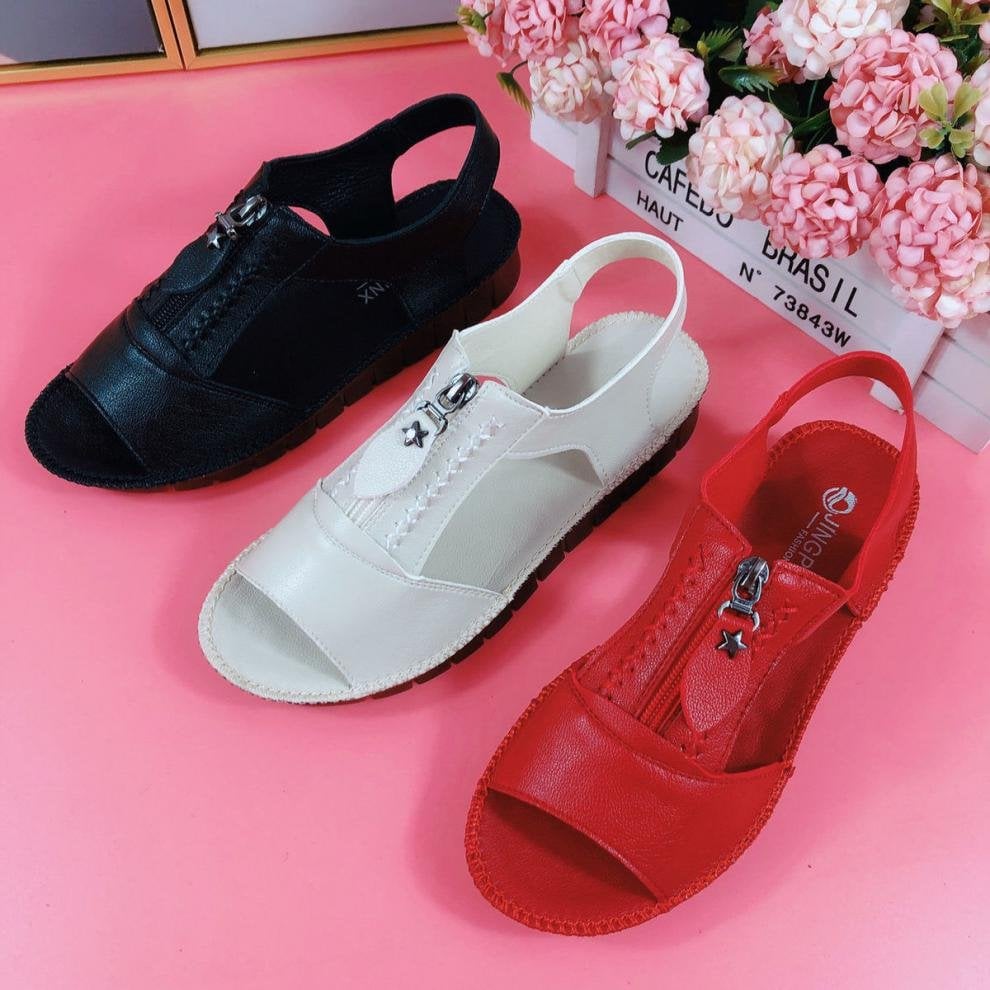 Zipper Flat Soft Leather And Sole Comfort Sandals