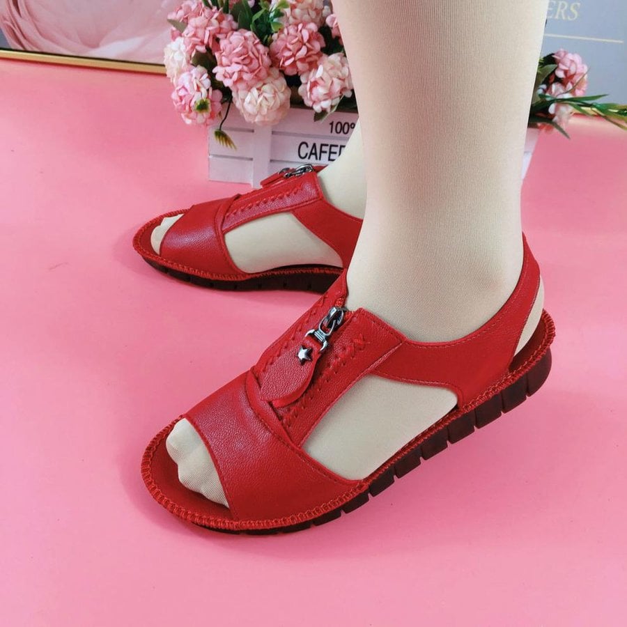 Zipper Flat Soft Leather And Sole Comfort Sandals